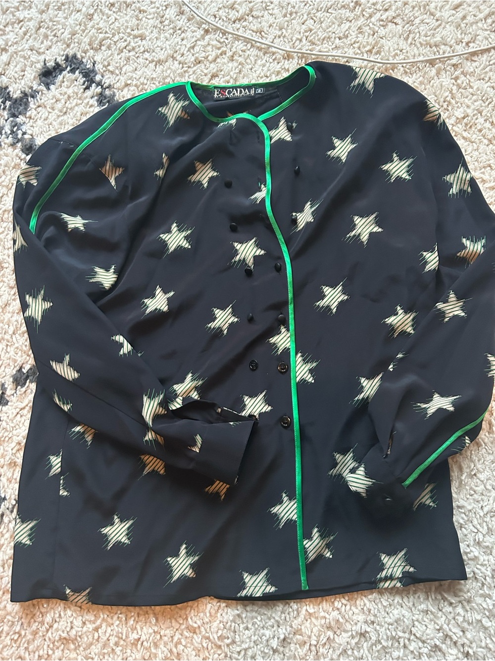 Escada Star Print Silk Blouse with Green Piping